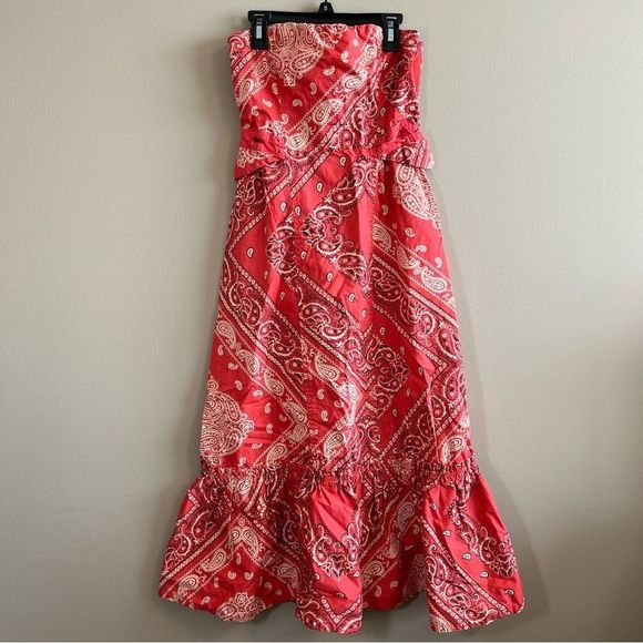 Anthro Holding Horses Women’s Red Bandana Paisley Strapless Midi Dress 0 - Picture 3 of 14